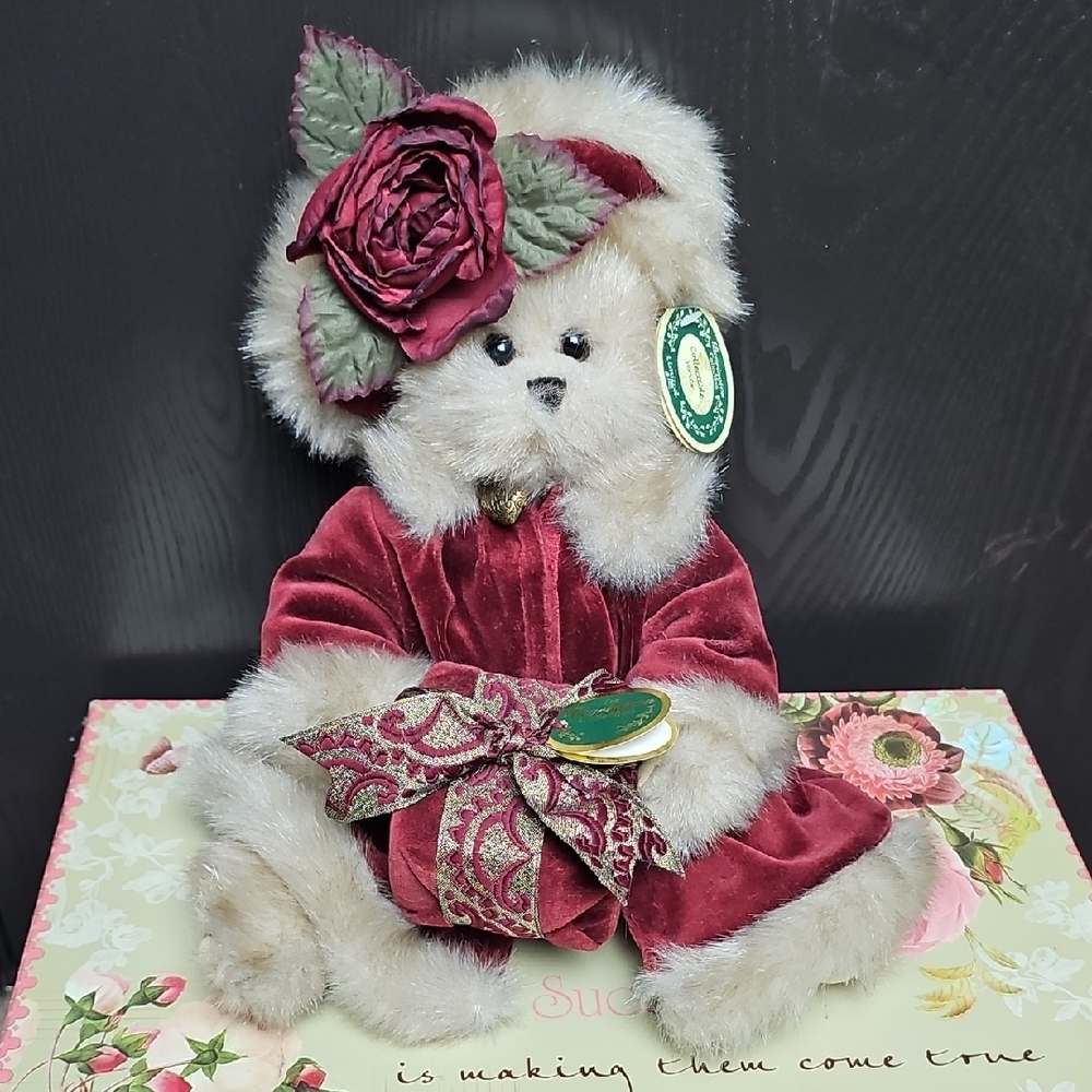 Plush Burgundy Teddy Bear with Floral Accent Christmas Vintage